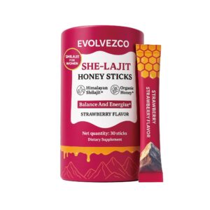 EVOLVEZCO She-Lajit Honey Sticks – Strawberry Flavor – With Shilajit, Shatavari & Saffron – Organic Honey Blend – 30 On-the-Go Sticks